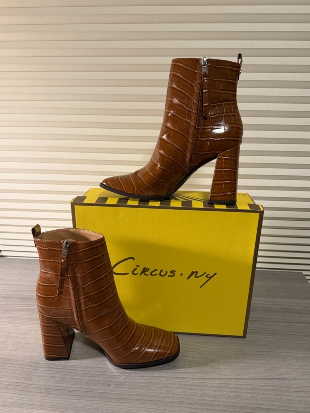 Circus by Sam Edelman Cognac Croc-Embossed Block Heel Ankle Boots